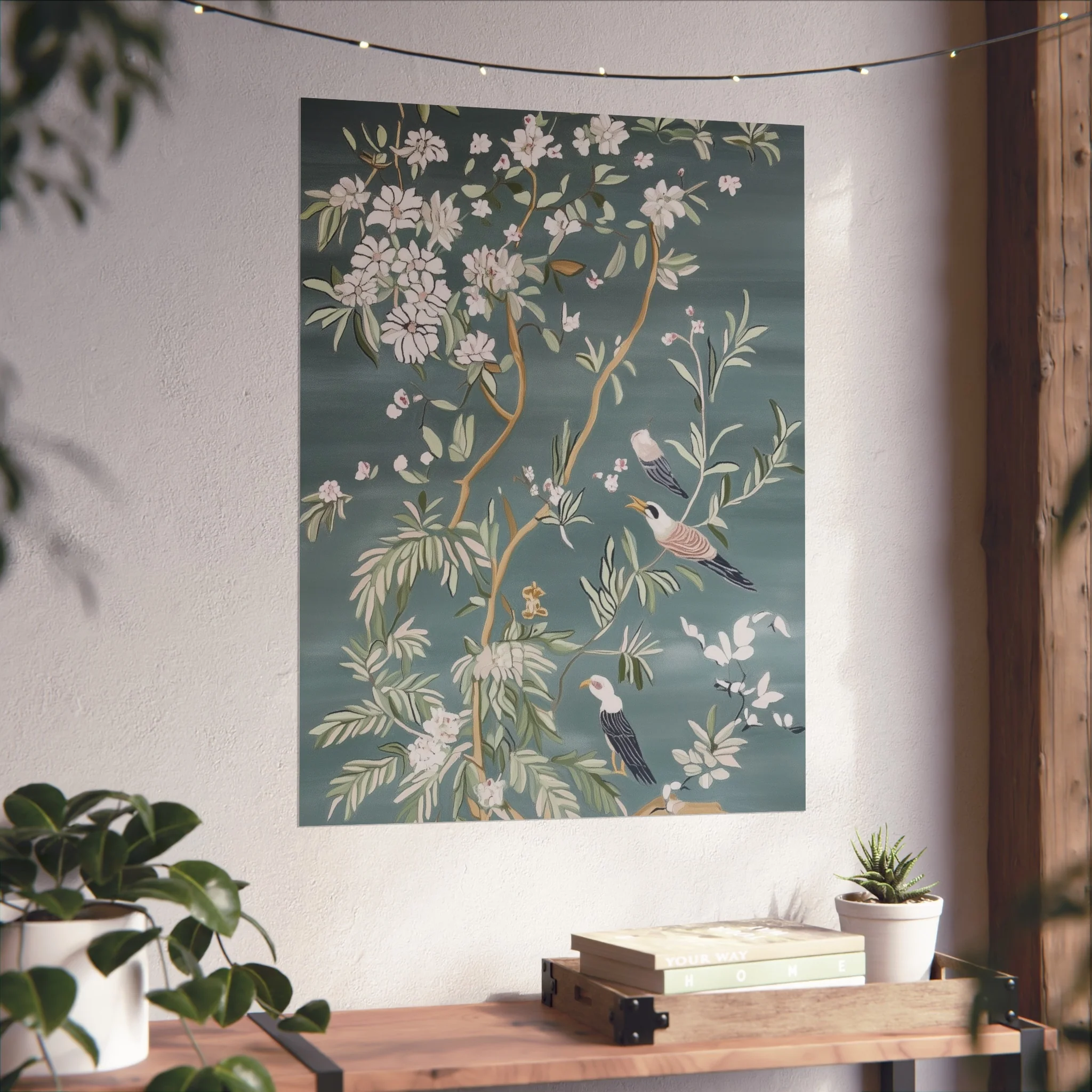 Dark Gray Chinoiserie Birds and Floral Scene Fine Art Poster - Image 42