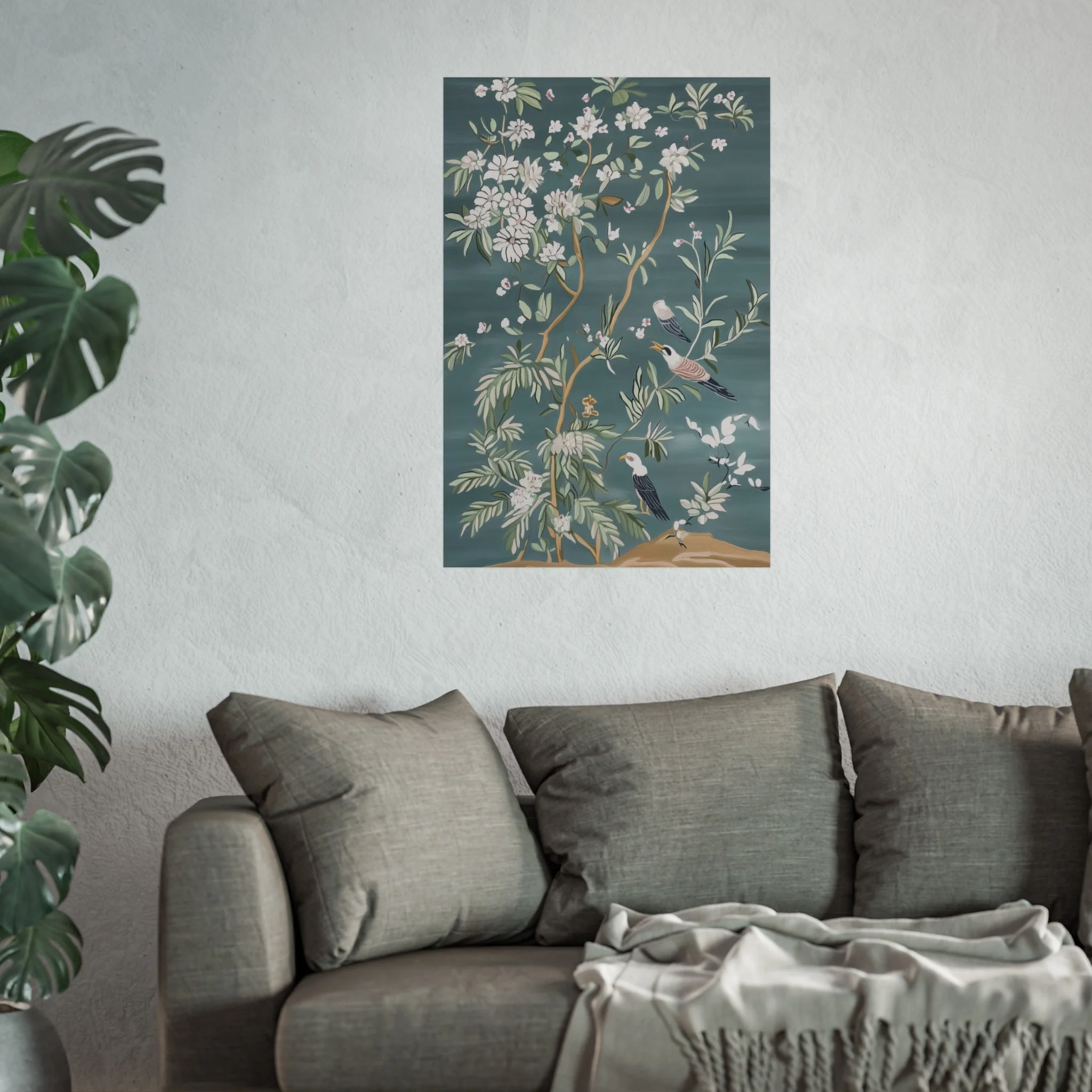 Dark Gray Chinoiserie Birds and Floral Scene Fine Art Poster - Image 43
