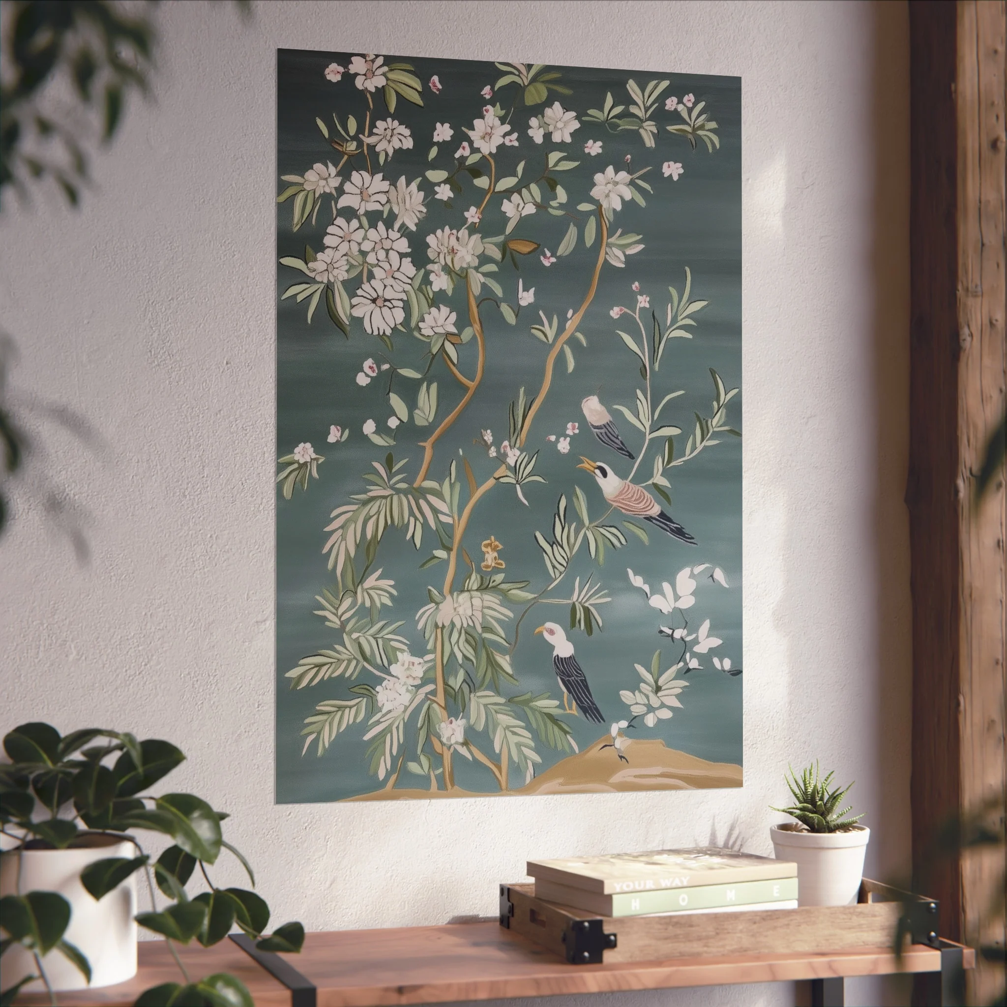 Dark Gray Chinoiserie Birds and Floral Scene Fine Art Poster - Image 44