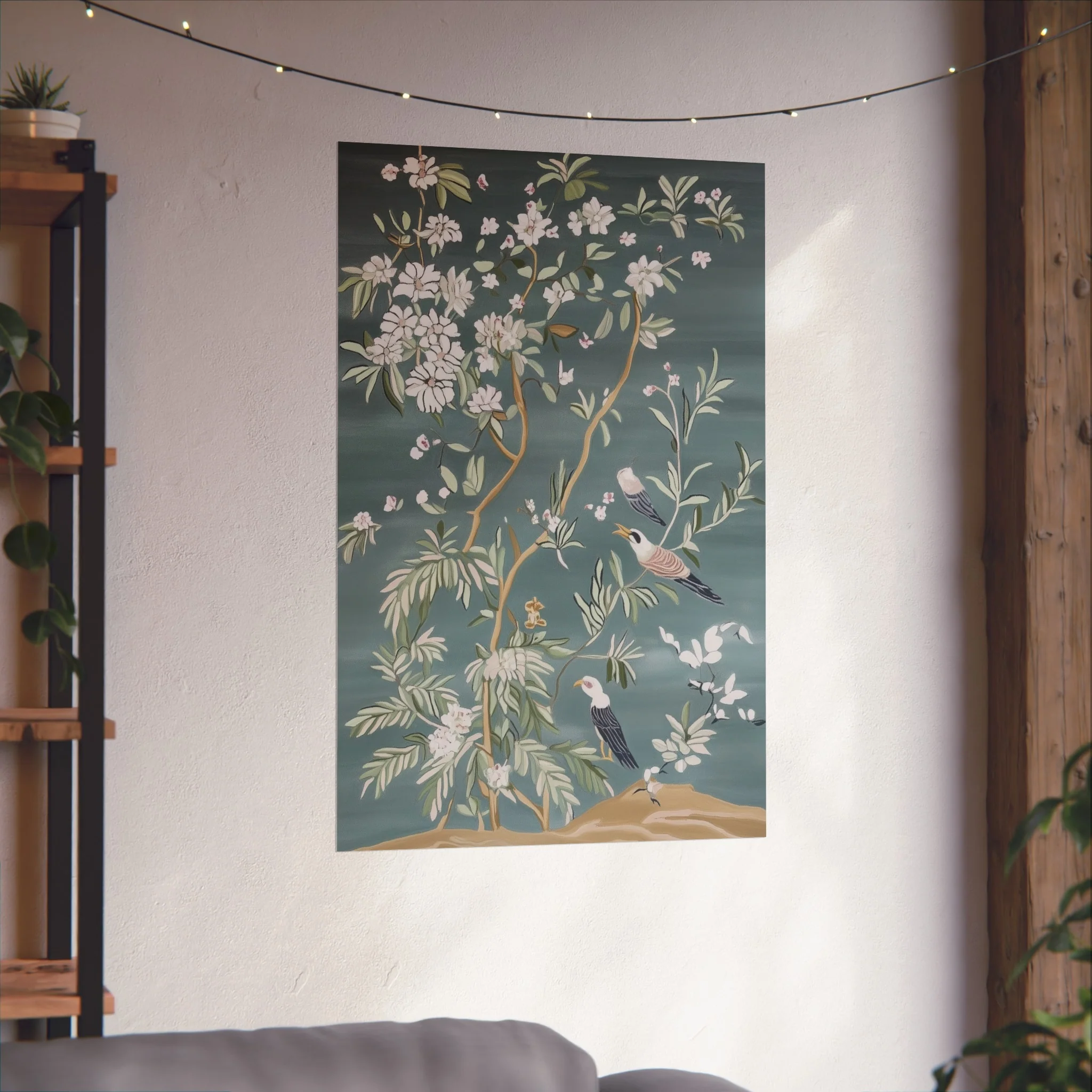 Dark Gray Chinoiserie Birds and Floral Scene Fine Art Poster - Image 46
