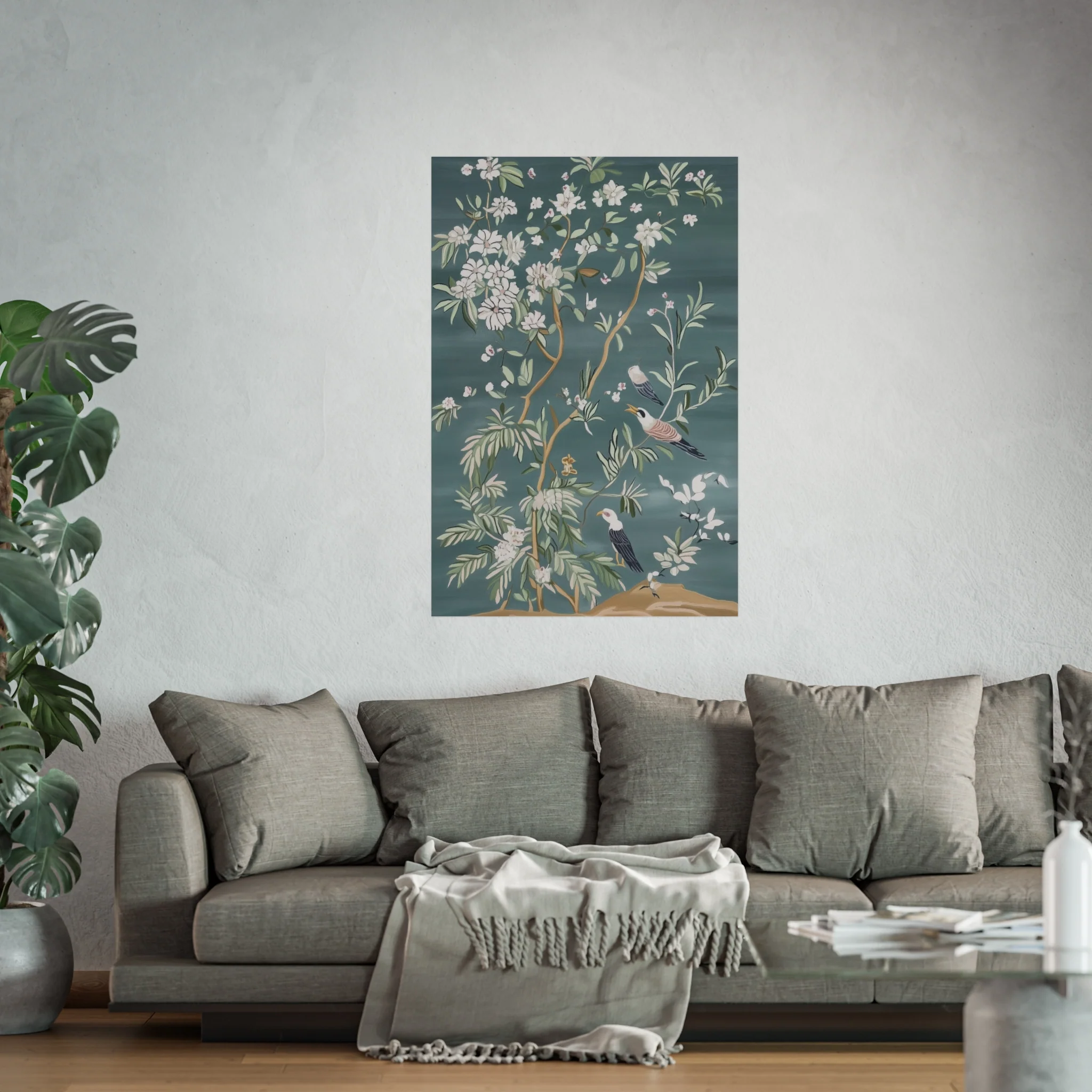Dark Gray Chinoiserie Birds and Floral Scene Fine Art Poster - Image 47