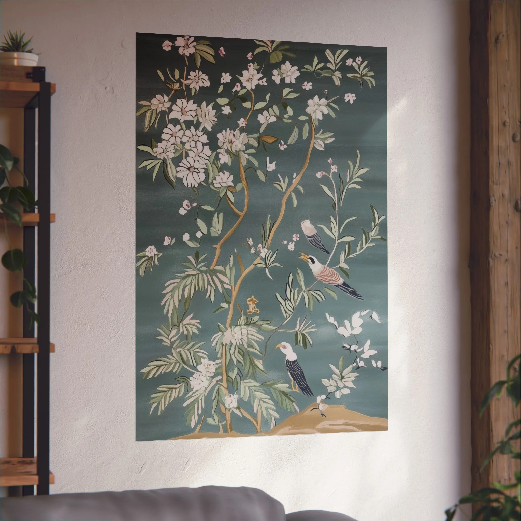 Dark Gray Chinoiserie Birds and Floral Scene Fine Art Poster - Image 48