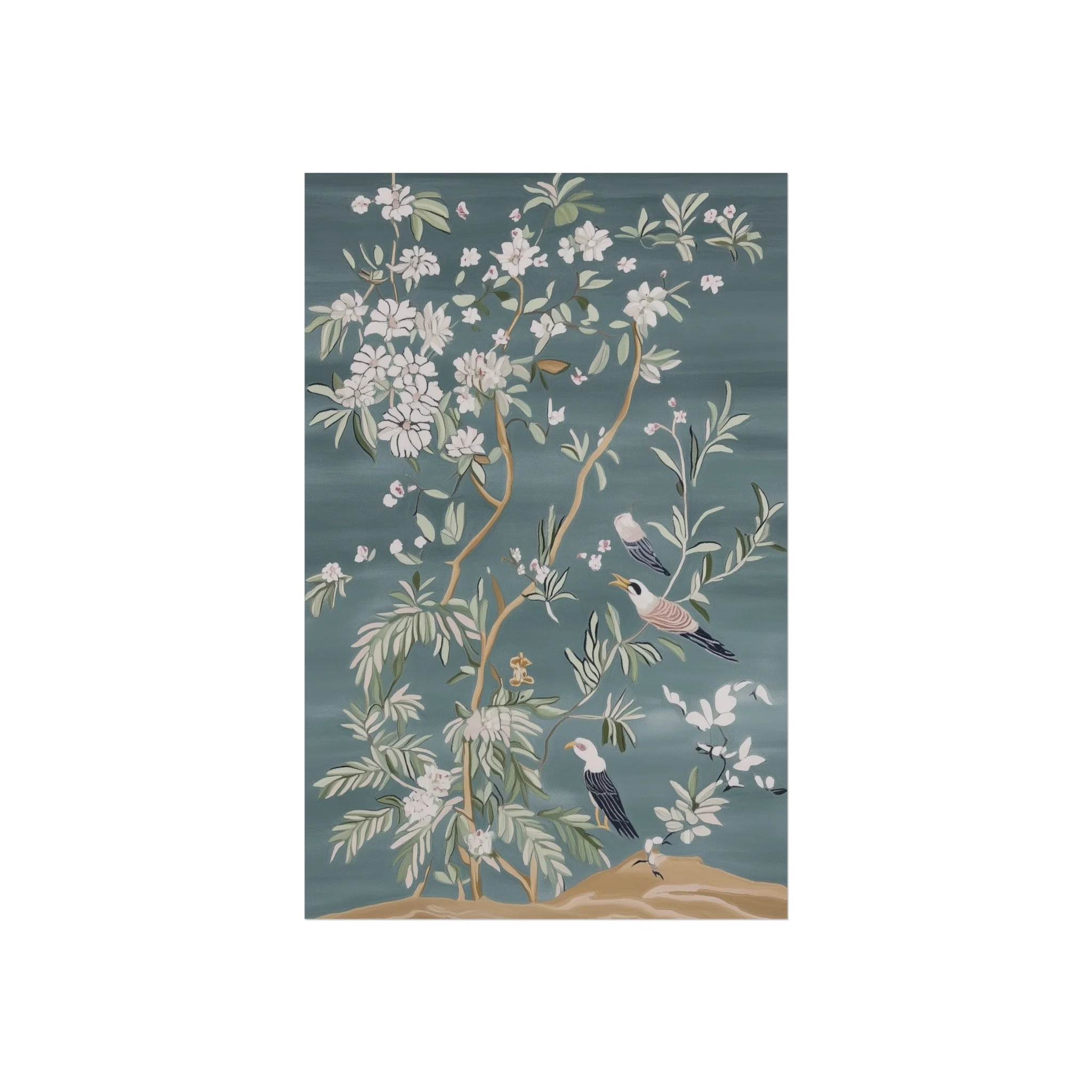 Dark Gray Chinoiserie Birds and Floral Scene Fine Art Poster - Image 5