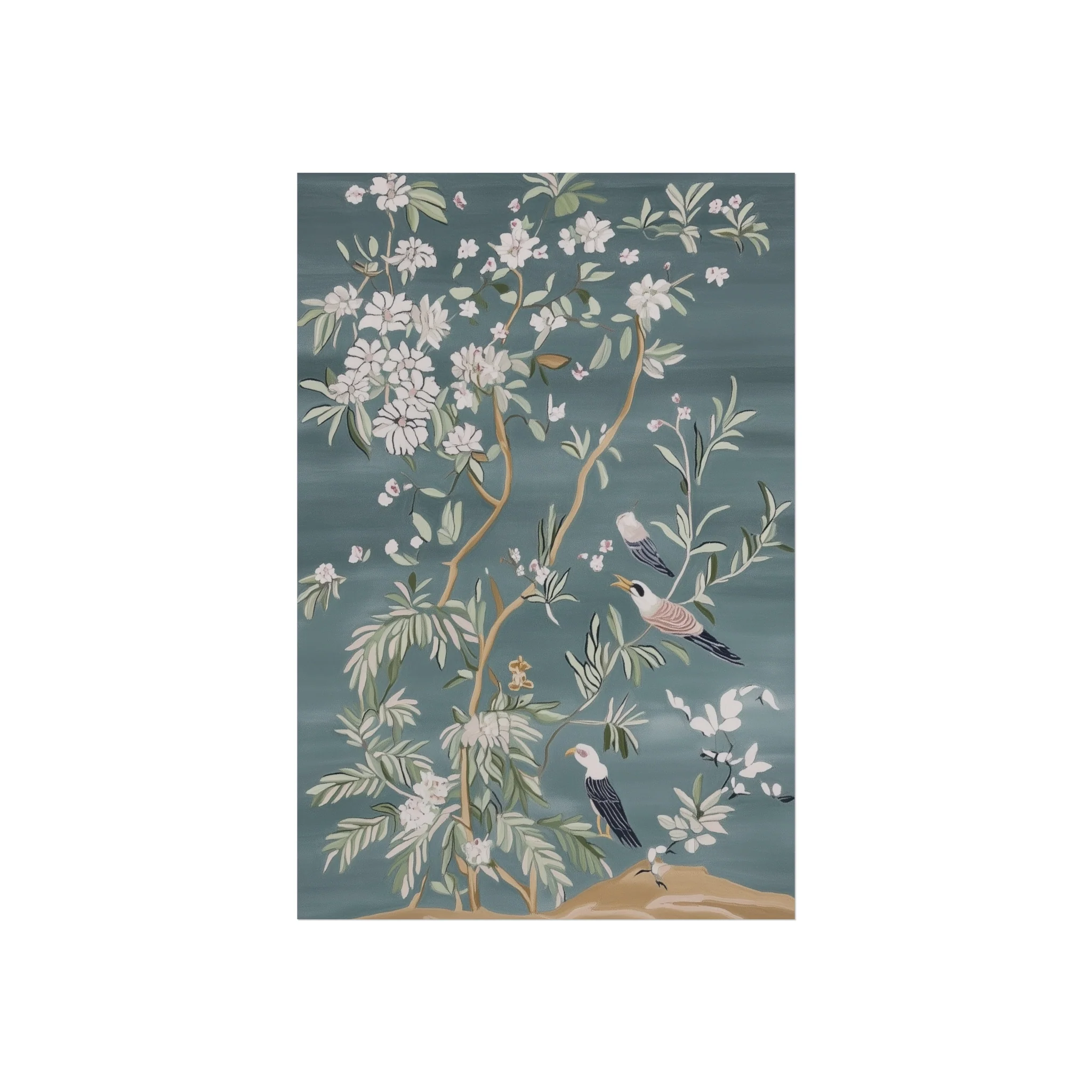 Dark Gray Chinoiserie Birds and Floral Scene Fine Art Poster - Image 9
