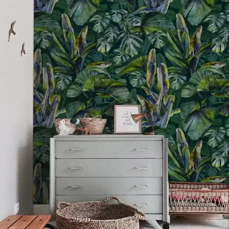 Dark Green Monstera and Tropical Banana Leaves Wallpaper - Image 6