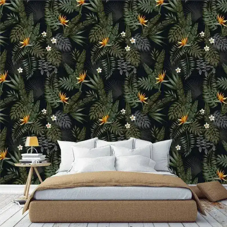 Dark Hawaiian Ferns and Floral Wallpaper - Image 5