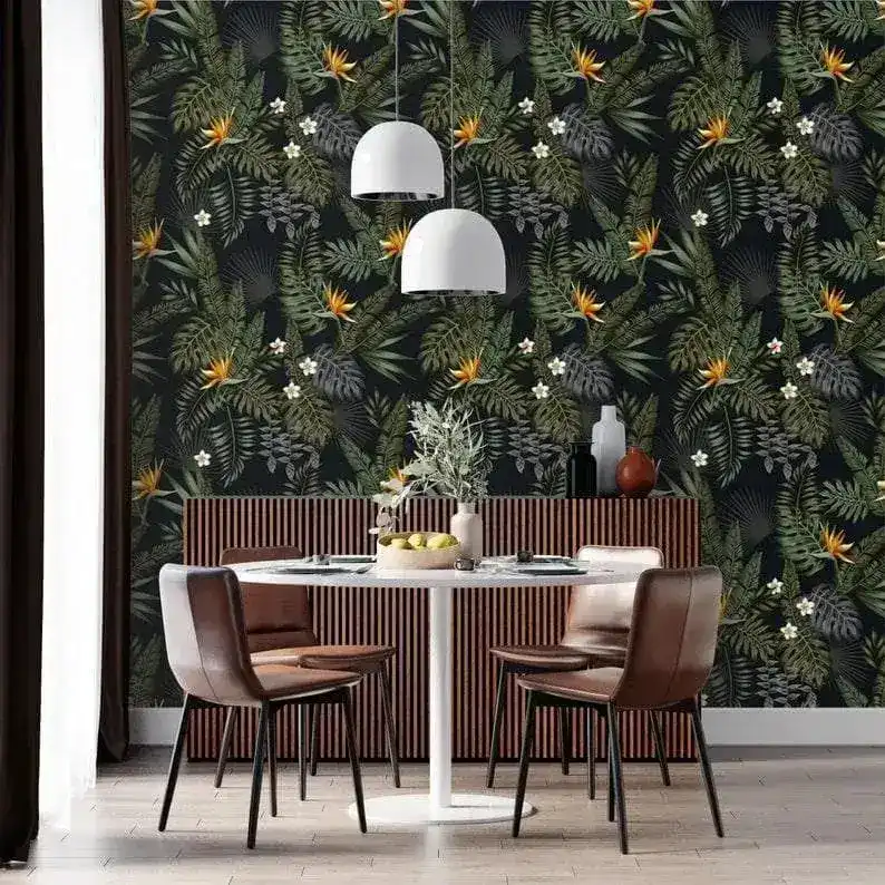 Dark Hawaiian Ferns and Floral Wallpaper - Image 6