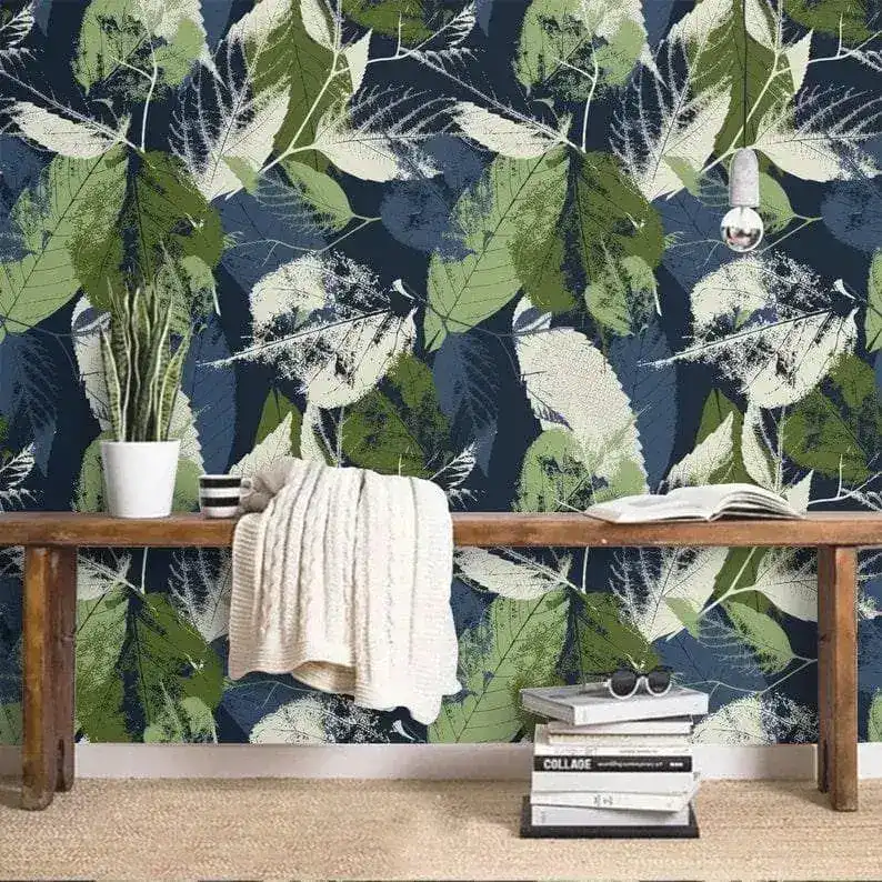 Dark Navy Green Abstract Botanical Leaves Wallpaper - Image 3
