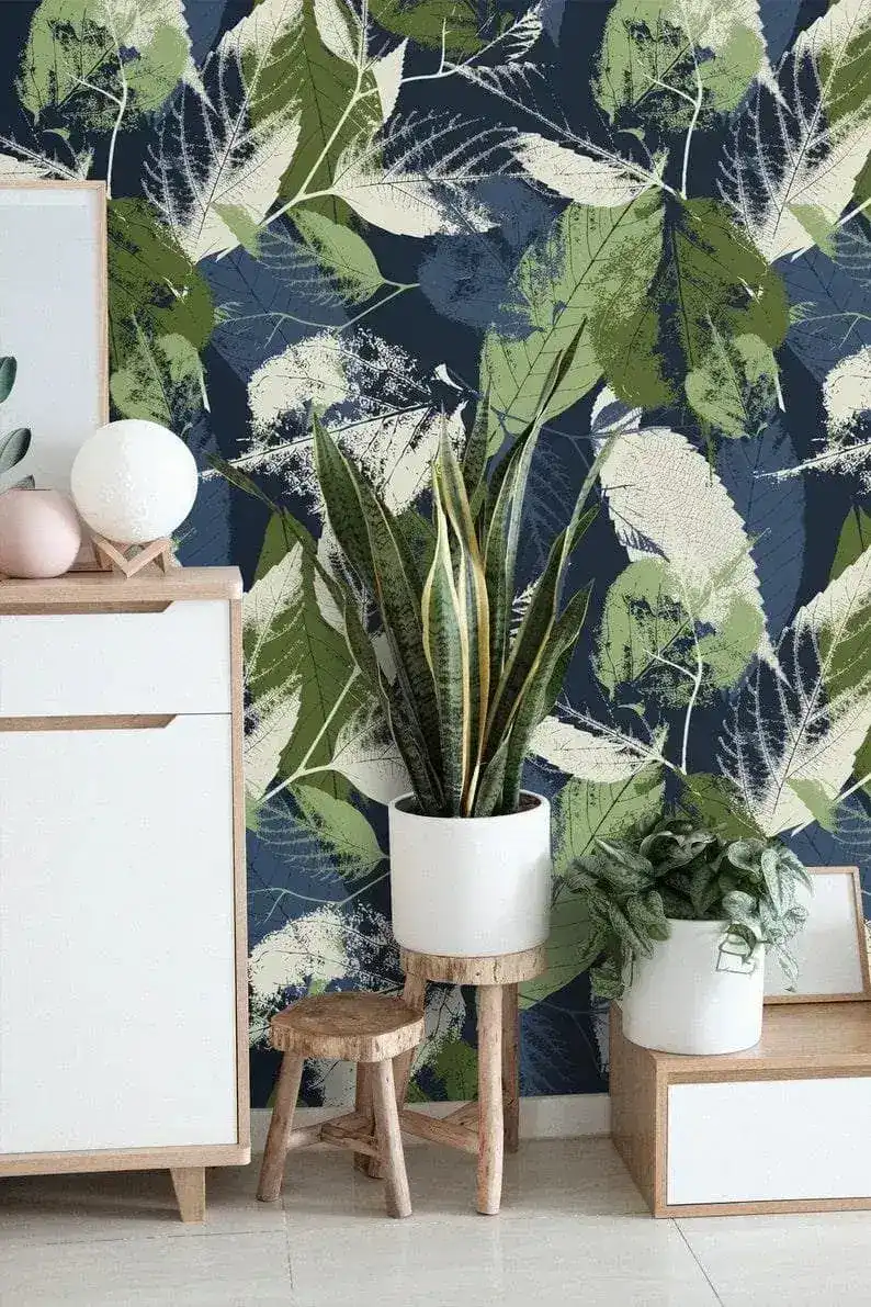 Dark Navy Green Abstract Botanical Leaves Wallpaper - Image 5