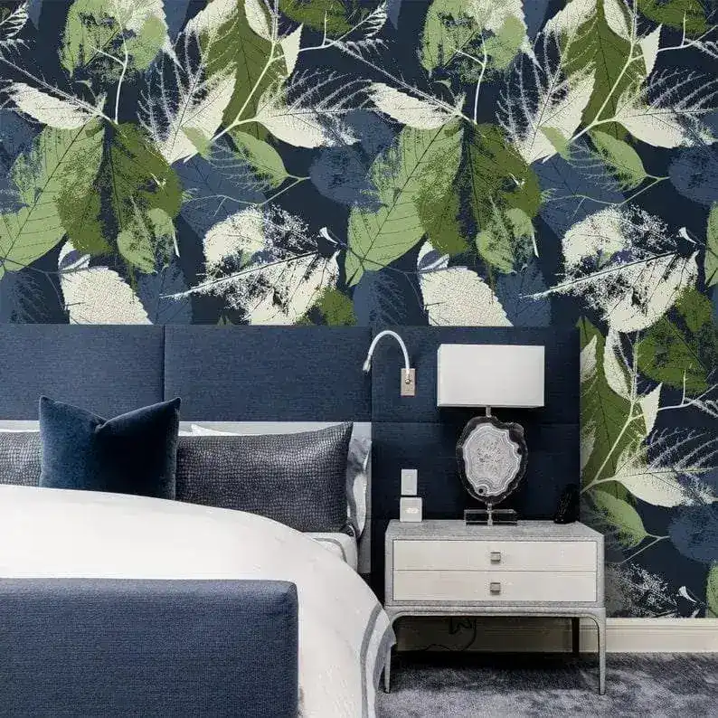 Dark Navy Green Abstract Botanical Leaves Wallpaper - Image 6