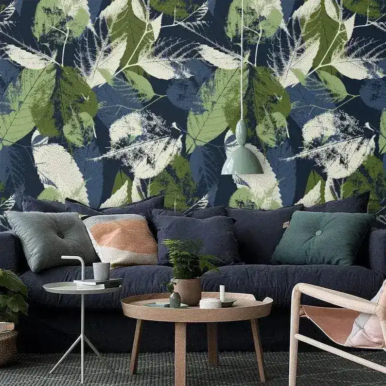 Dark Navy Green Abstract Botanical Leaves Wallpaper - Image 7