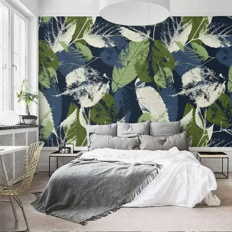 Dark Navy Green Abstract Botanical Leaves Wallpaper - Image 8