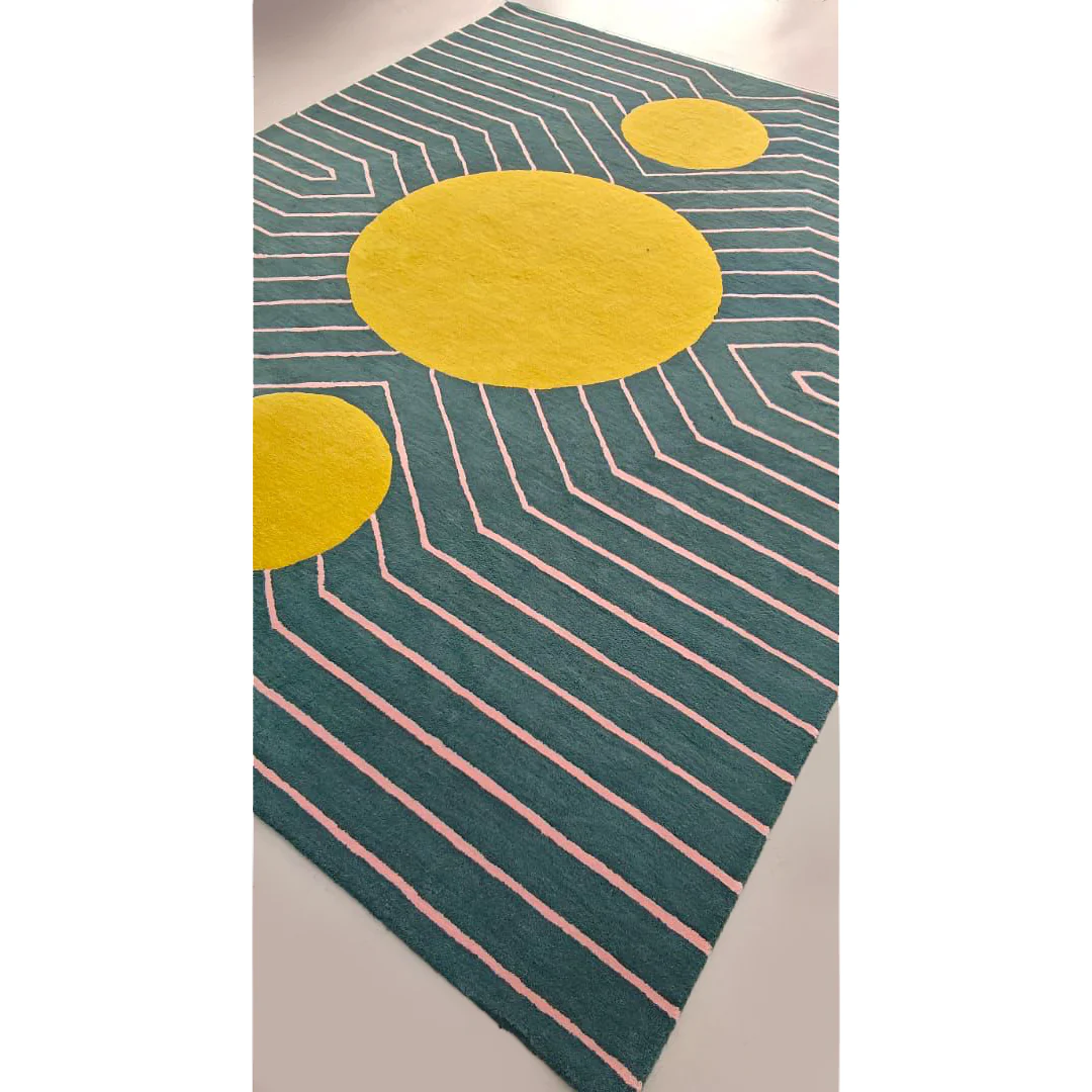 Dark Teal Golden Geometric Hand Tufted Wool Rug - Image 7