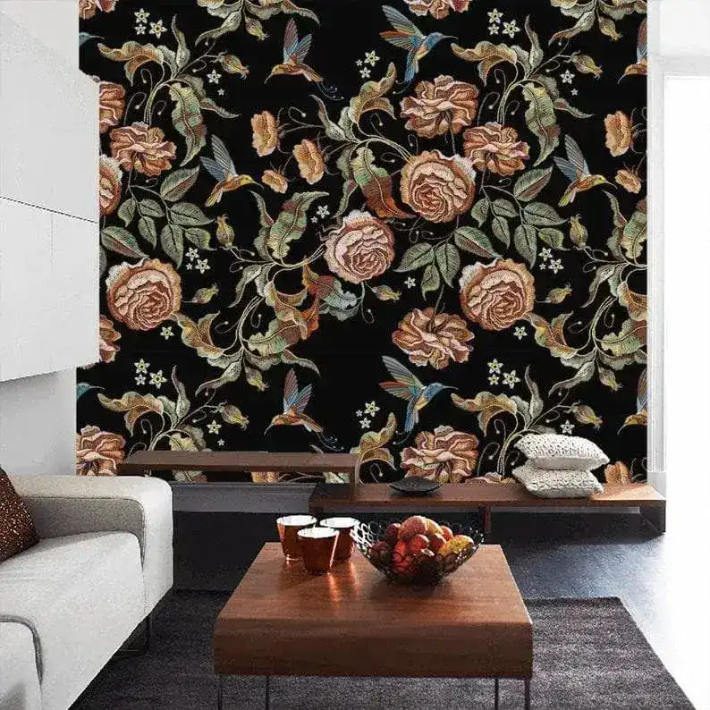 Dark Vintage Floral and Hummingbird Wallpaper - Image 2
