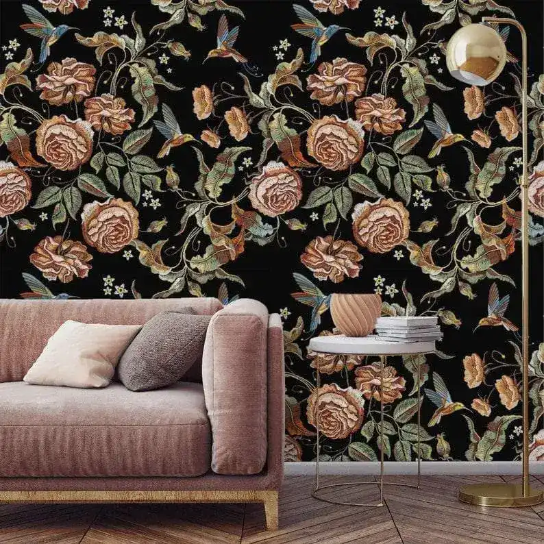 Dark Vintage Floral and Hummingbird Wallpaper - Image 3