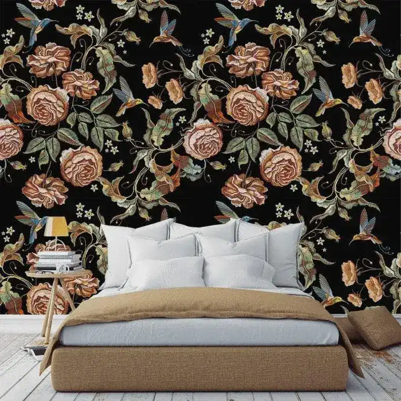 Dark Vintage Floral and Hummingbird Wallpaper - Image 4