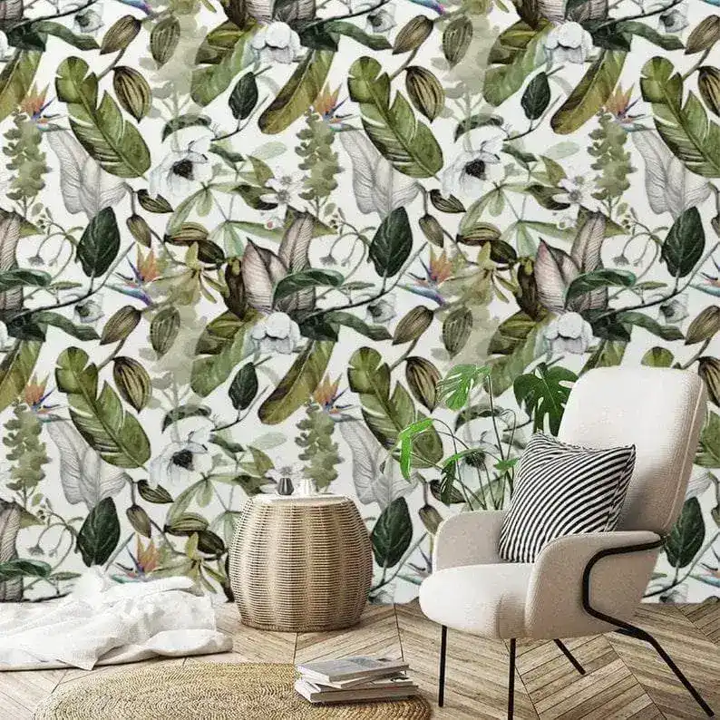Delicate Tropical Leaves Watercolor Wallpaper - Image 3