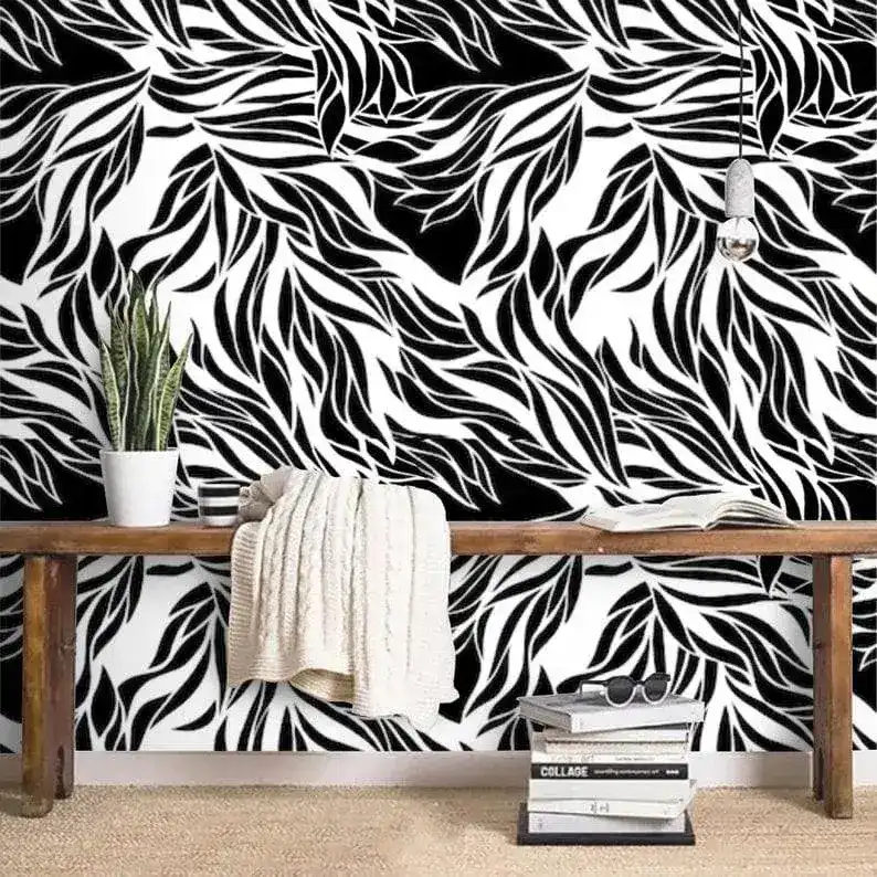 Dramatic Abstract Leaves Black and White Wallpaper - Image 6
