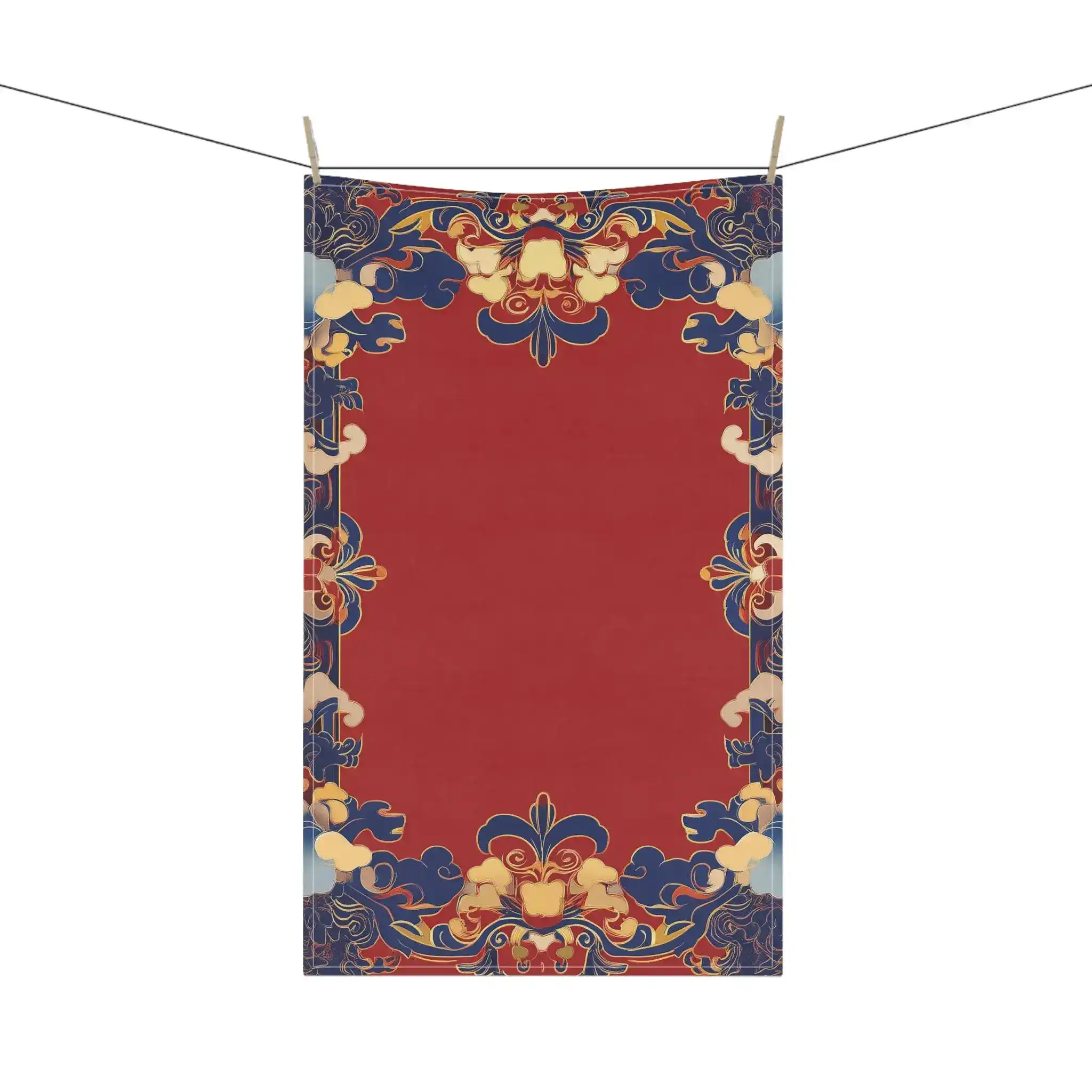 Elegant Chinoiserie Red & Blue Cotton Kitchen Towel - Image 4