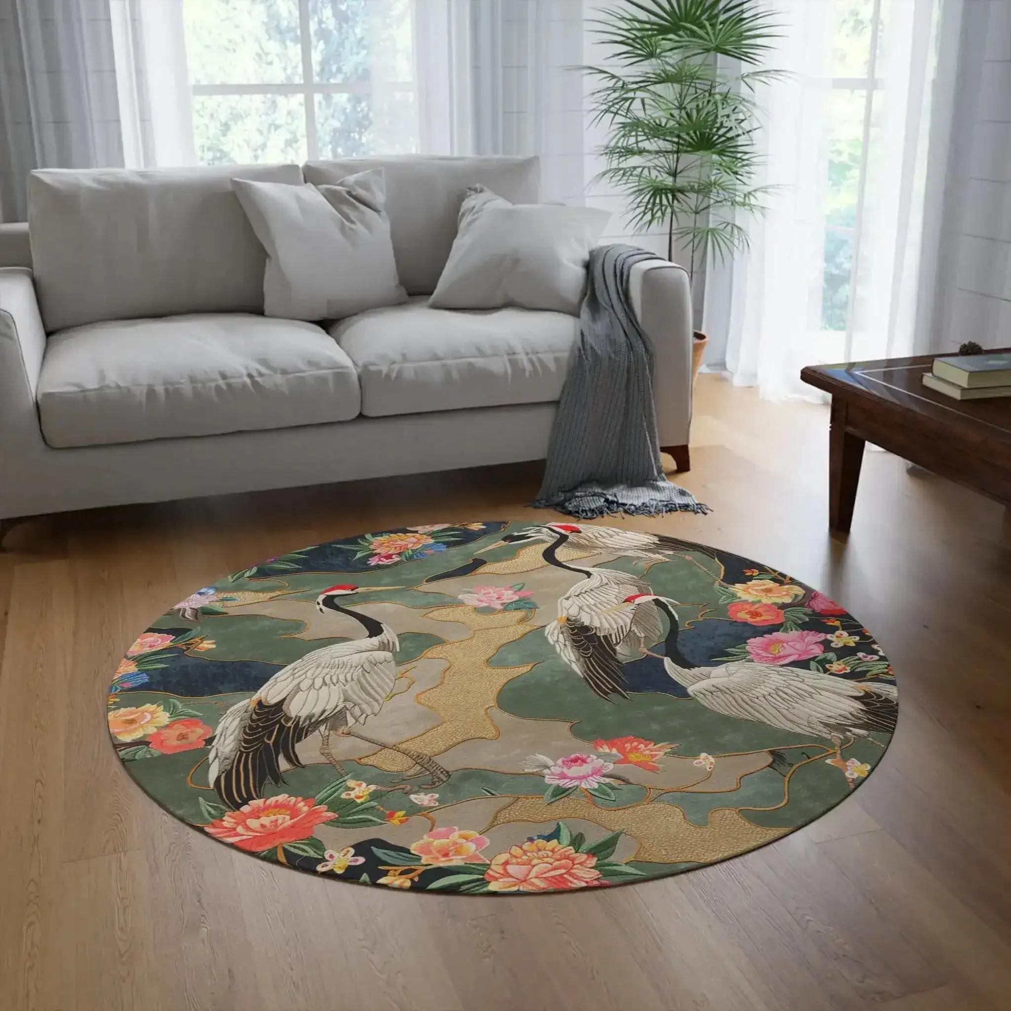 Elegant Crane and Floral Pattern Round Rug - Image 2