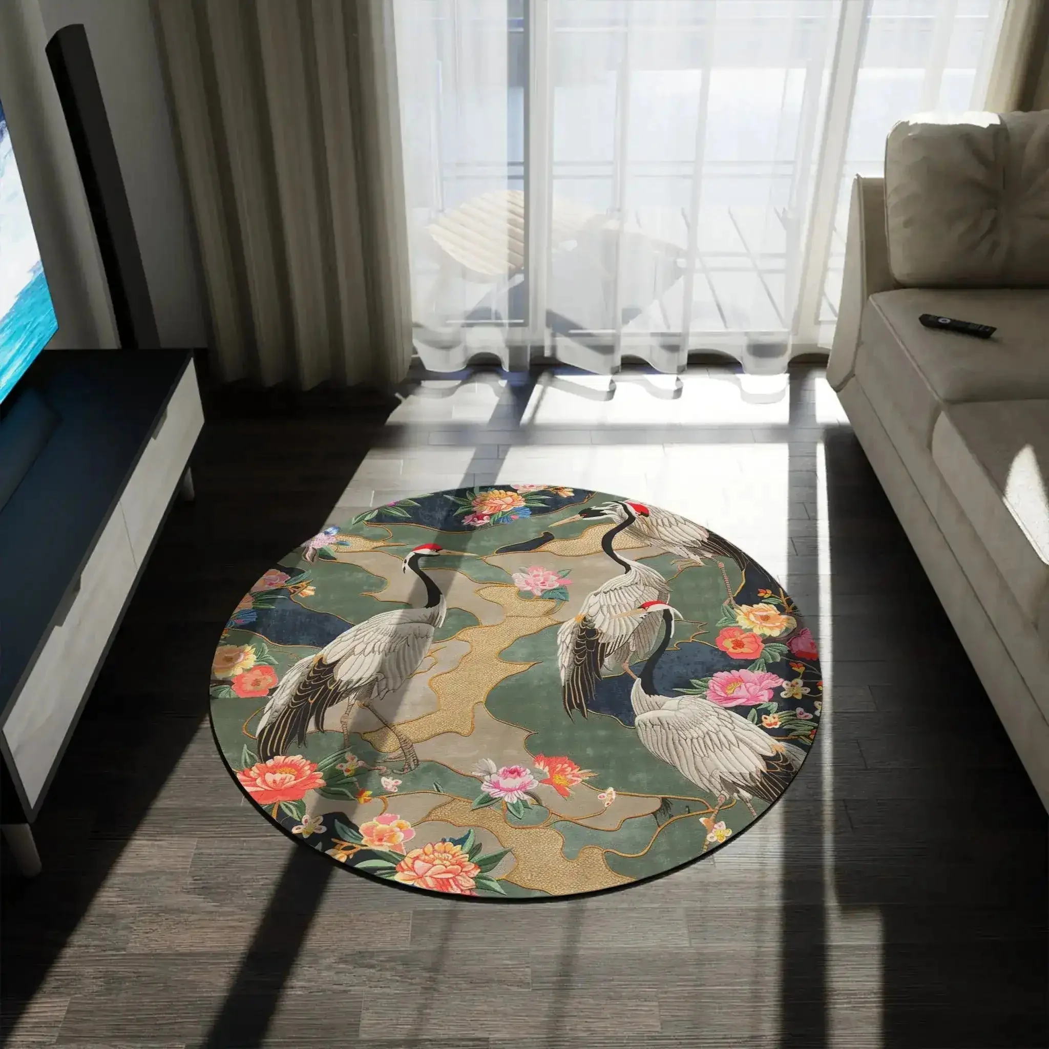 Elegant Crane and Floral Pattern Round Rug - Image 4