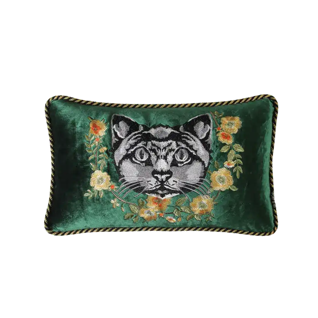 Embroidered Cat and Flowers Velvet Throw Pillow Cover - Green - Image 4