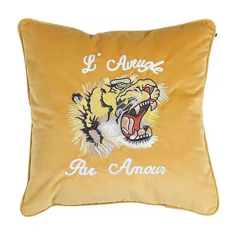 Embroidered Tiger and Flowers Throw Pillow Cover - Image 5