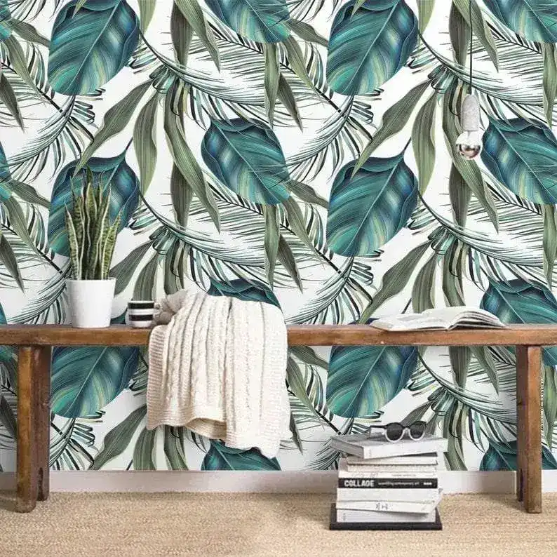 Exotic Blue Oversized Tropical Leaves White Wallpaper - Image 5