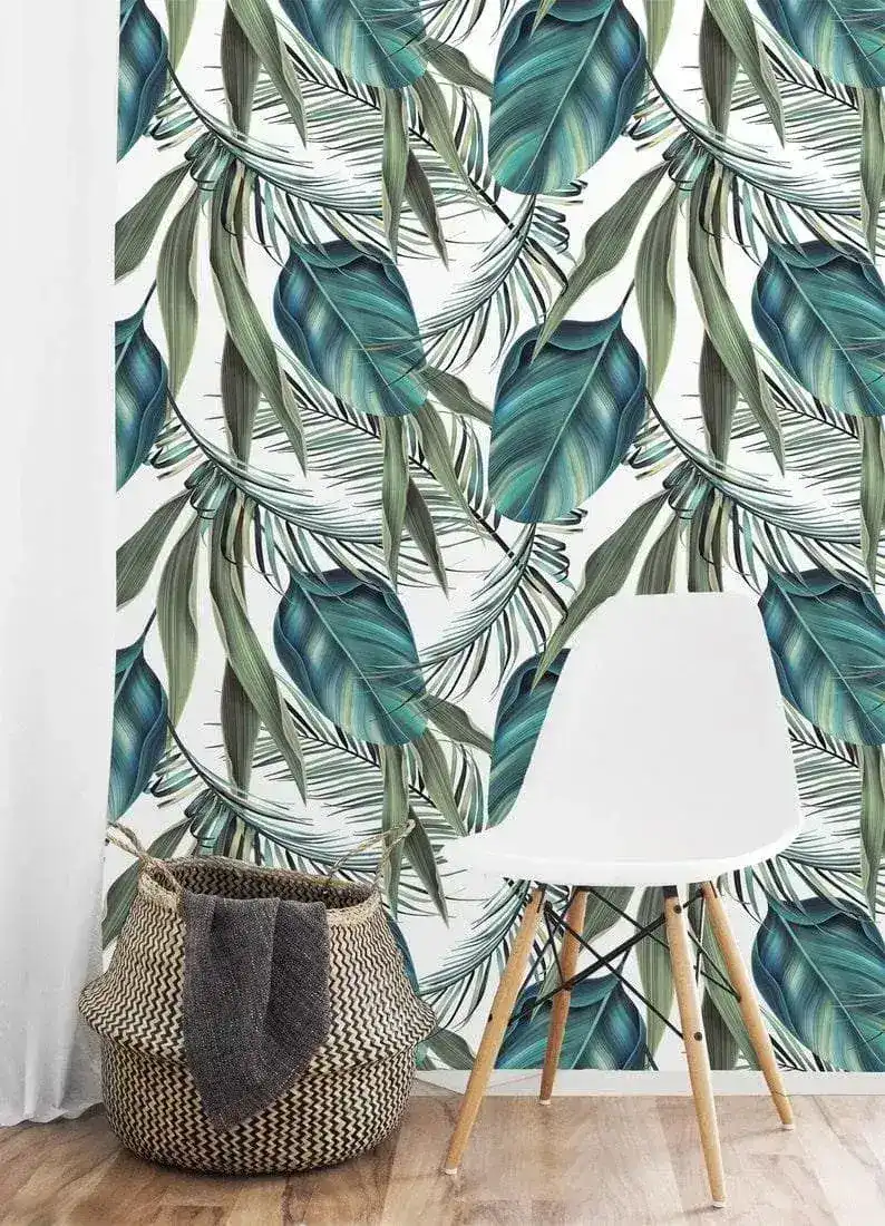 Exotic Blue Oversized Tropical Leaves White Wallpaper - Image 6