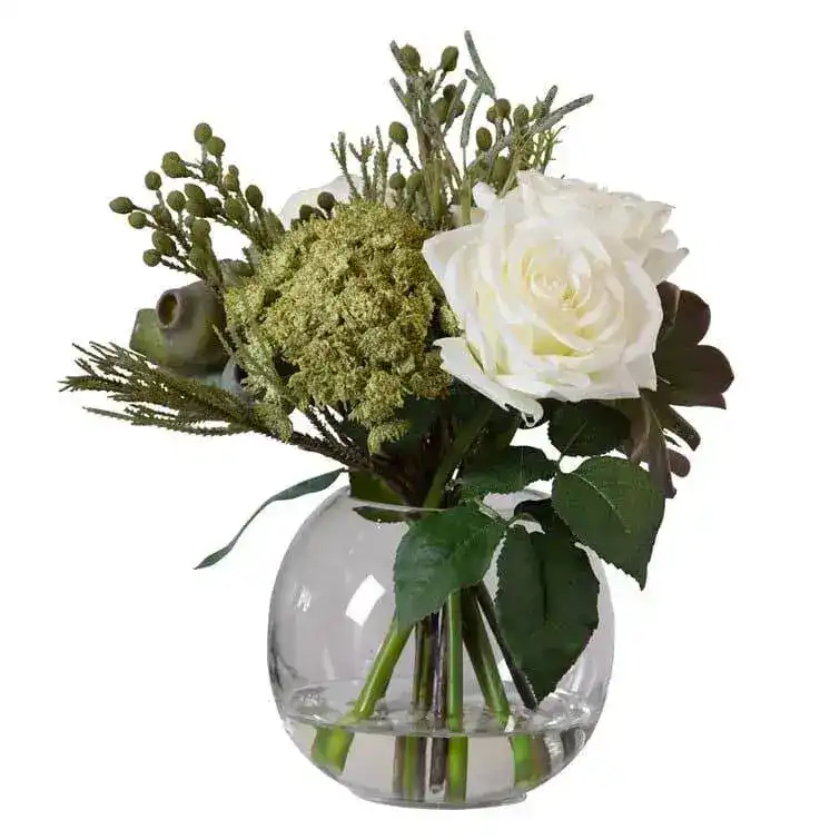 Faux Belmonte Floral Arrangements in Clear Globe Vase - Image 2