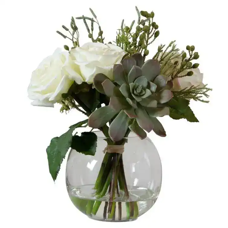 Faux Belmonte Floral Arrangements in Clear Globe Vase - Image 4