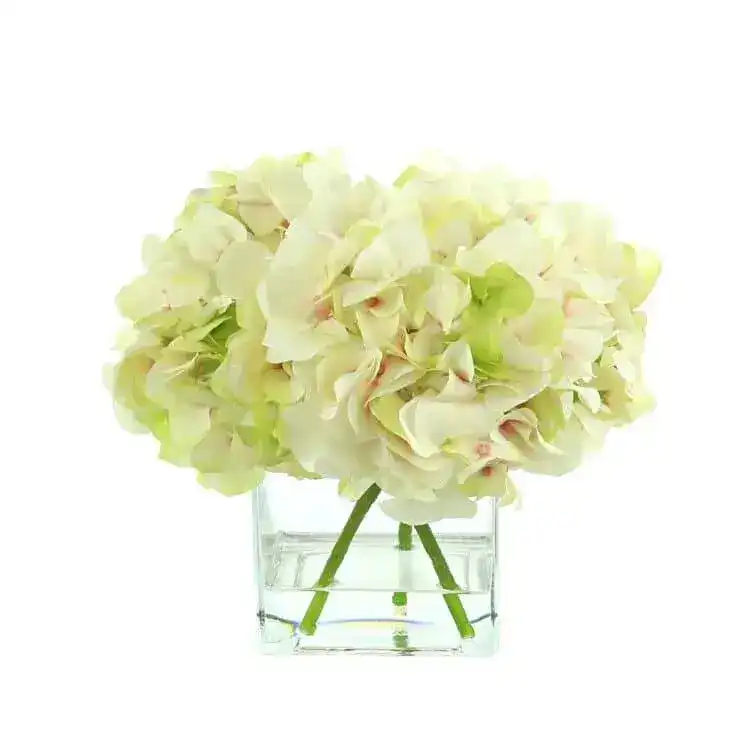 Faux Hydrangea Floral Arrangement in Glass Vase - Image 4