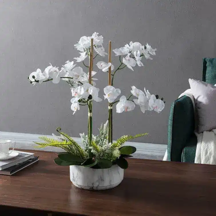 Faux White Orchid Floral Centerpiece in Marbled Pot