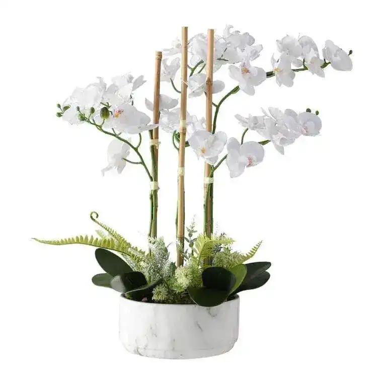 Faux White Orchid Floral Centerpiece in Marbled Pot - Image 5