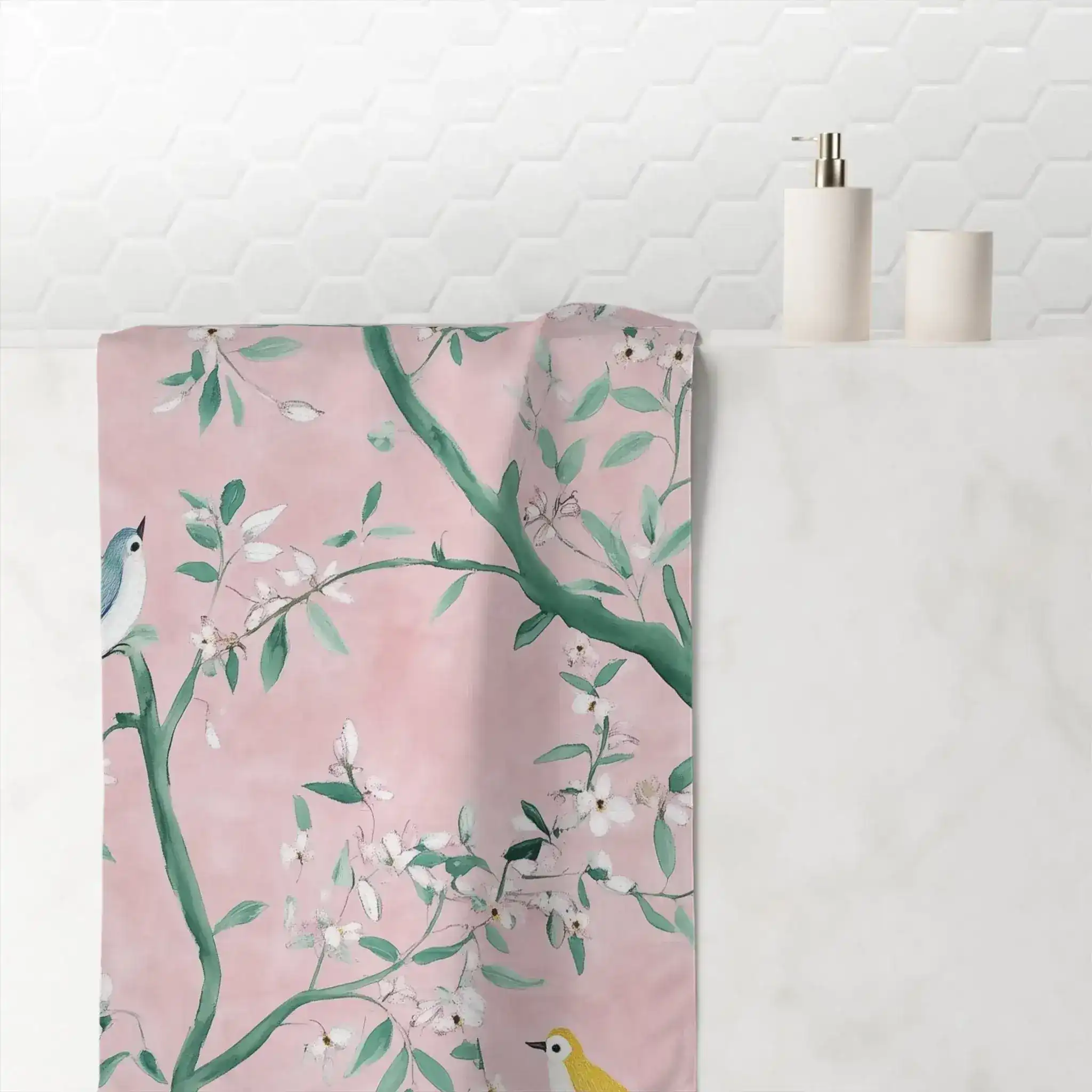 Floral Bird Bath Towel with Pink Background - Image 4