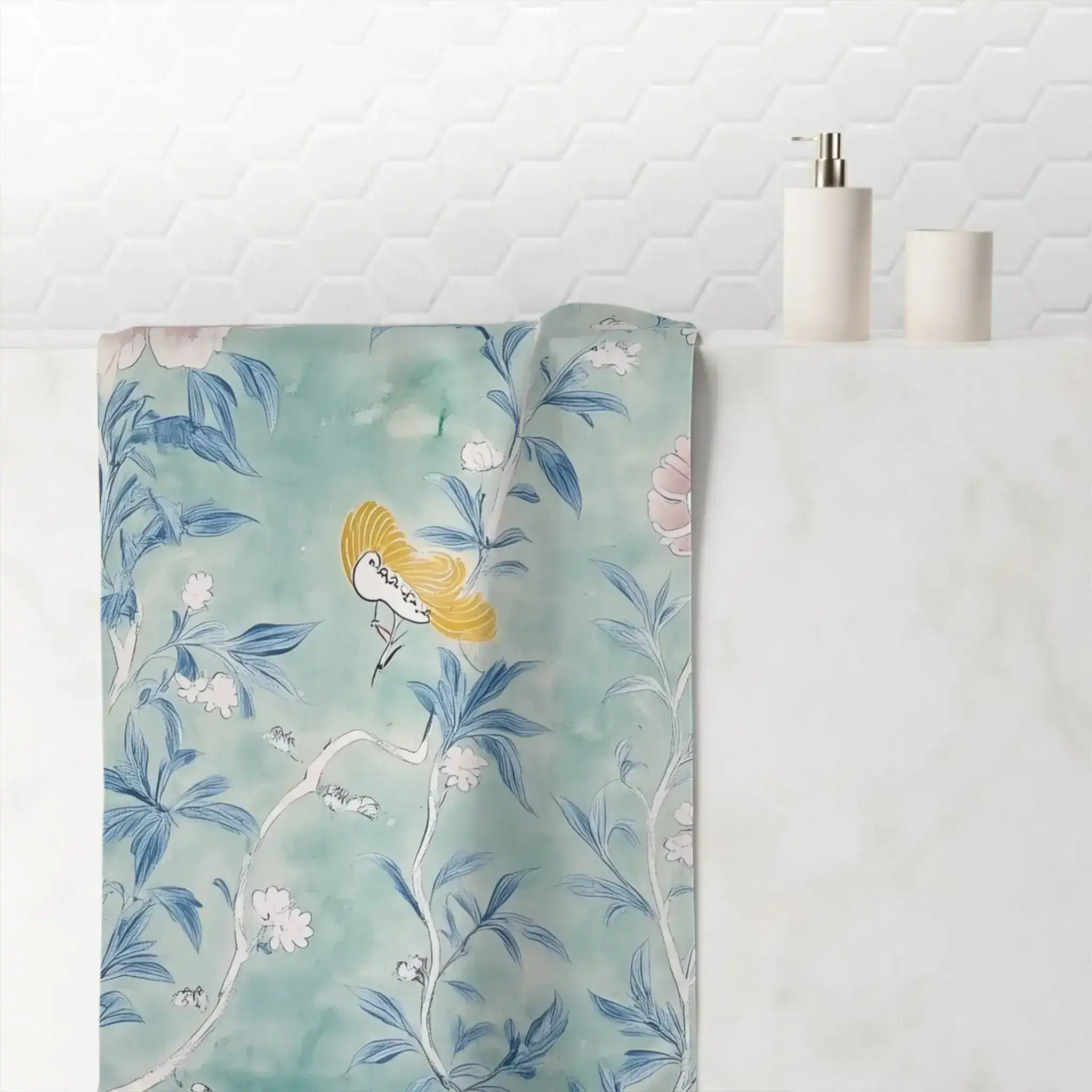 Floral Bird Bath Towel with Soft Blue and Pink Design - Image 4