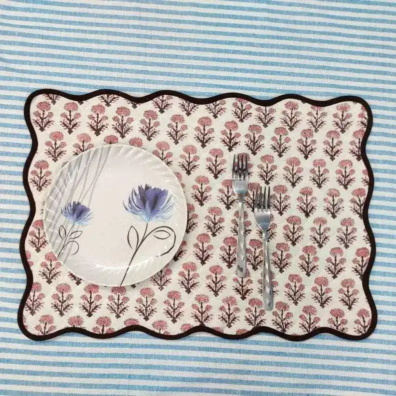 Floral Block Printed Scallop Cotton Placemats and Napkins - Image 4