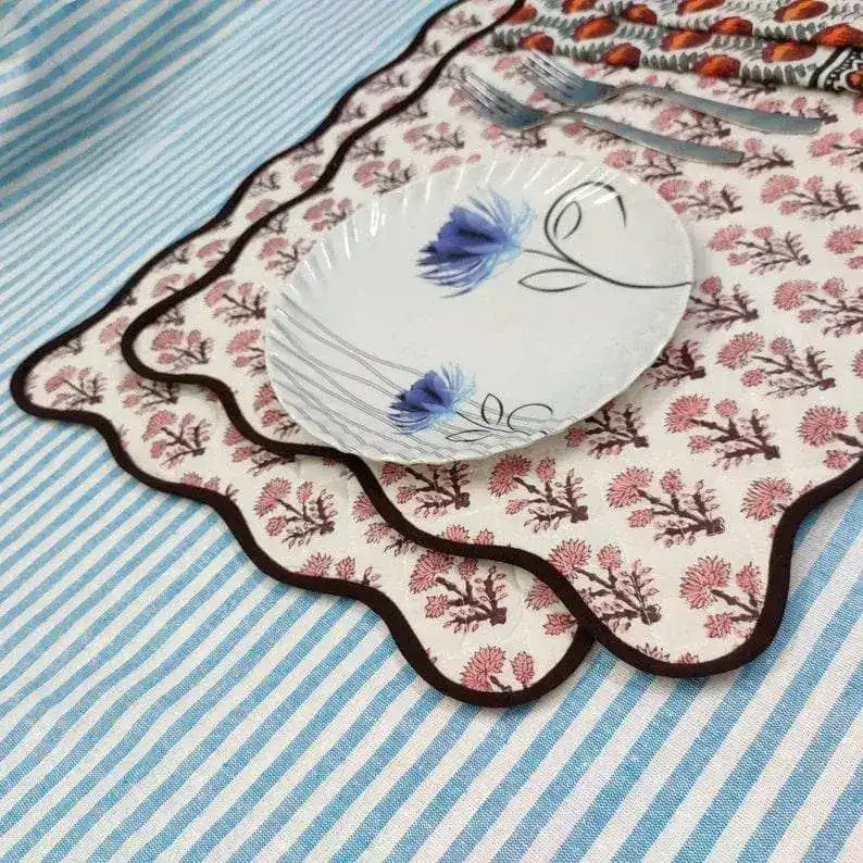 Floral Block Printed Scallop Cotton Placemats and Napkins - Image 5