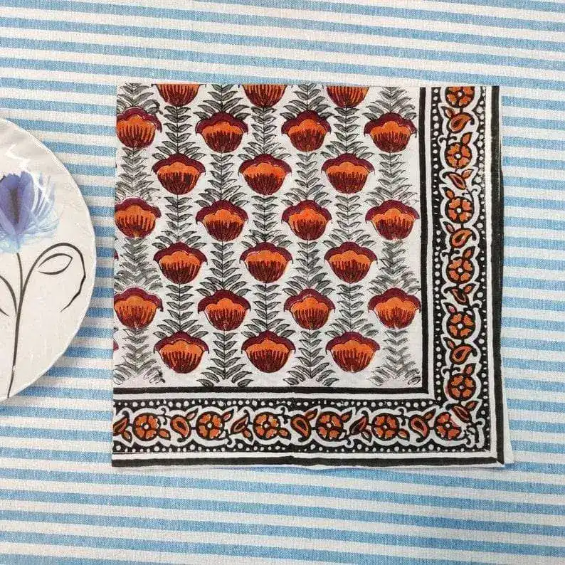 Floral Block Printed Scallop Cotton Placemats and Napkins - Image 6