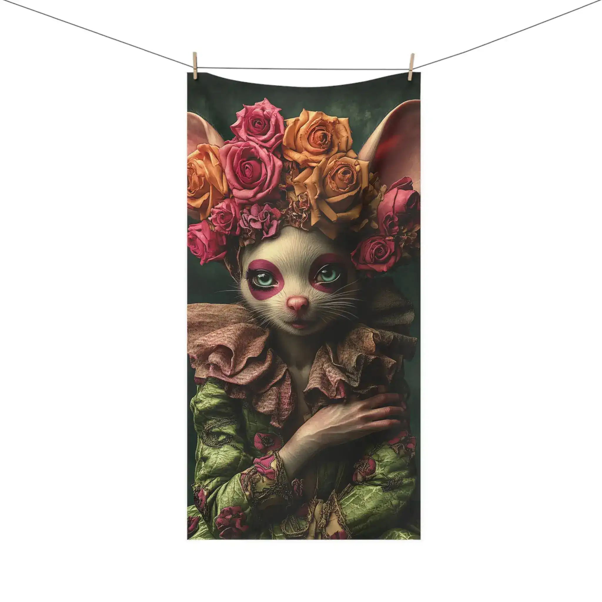 Floral Crowned Mouse in Elegant Green Gown Bath Towel - Image 4
