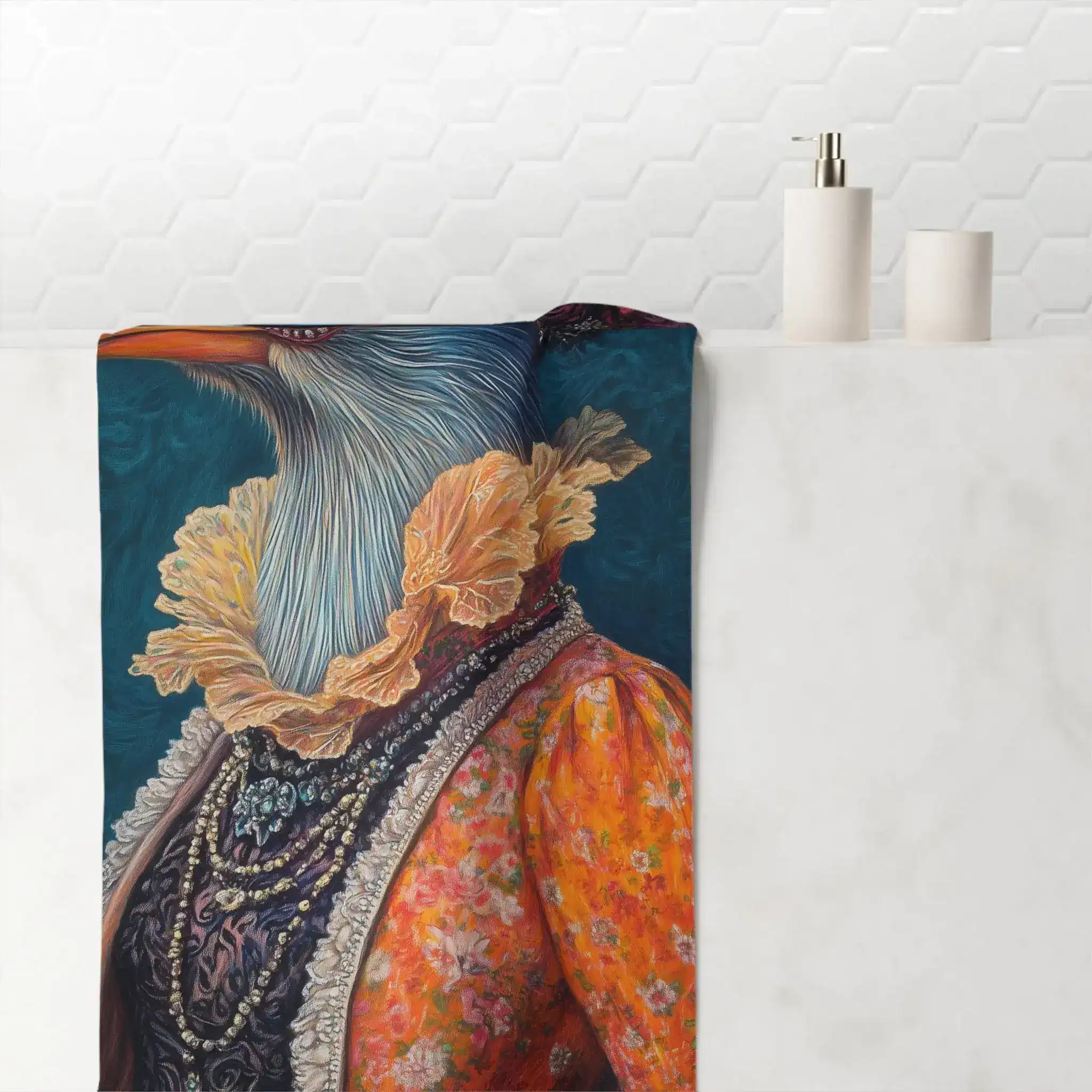Floral Crowned Renaissance Bird in Couture with Sunglasses Bath Towel - Image 2