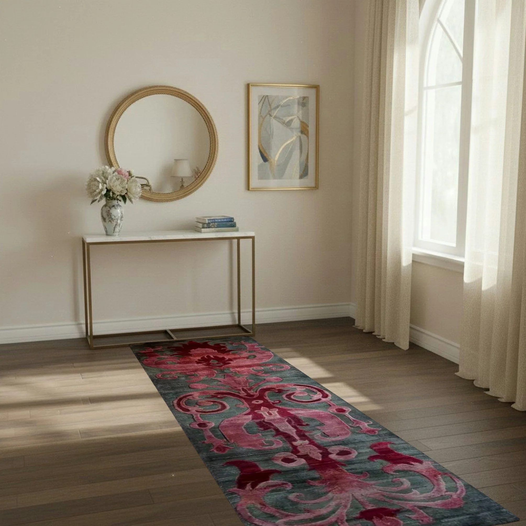 Floral Damask Hand Tufted Wool Runner Rug - Image 2