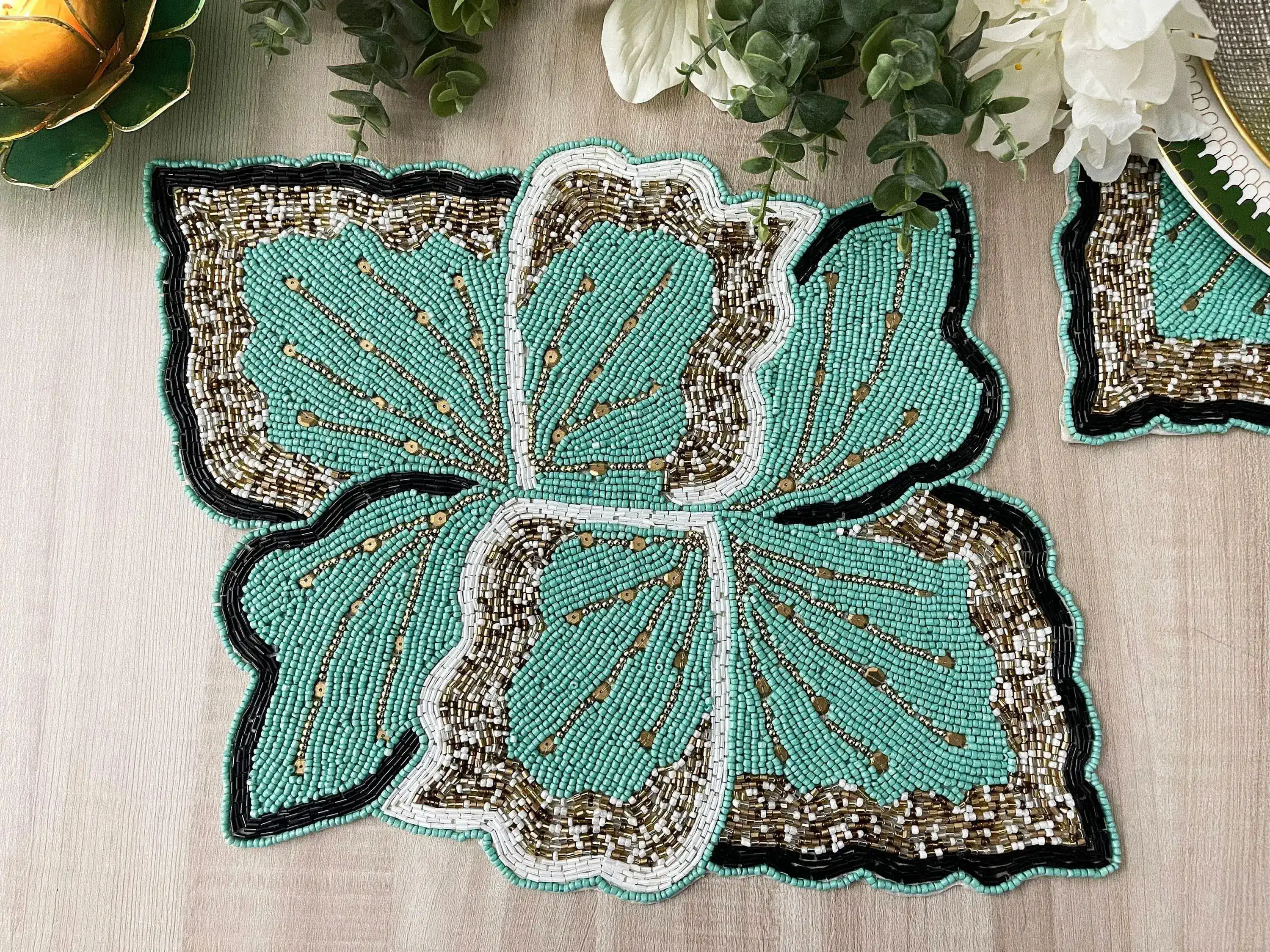 Floral Leaf Beaded Placemat - Green and Gold - Image 3