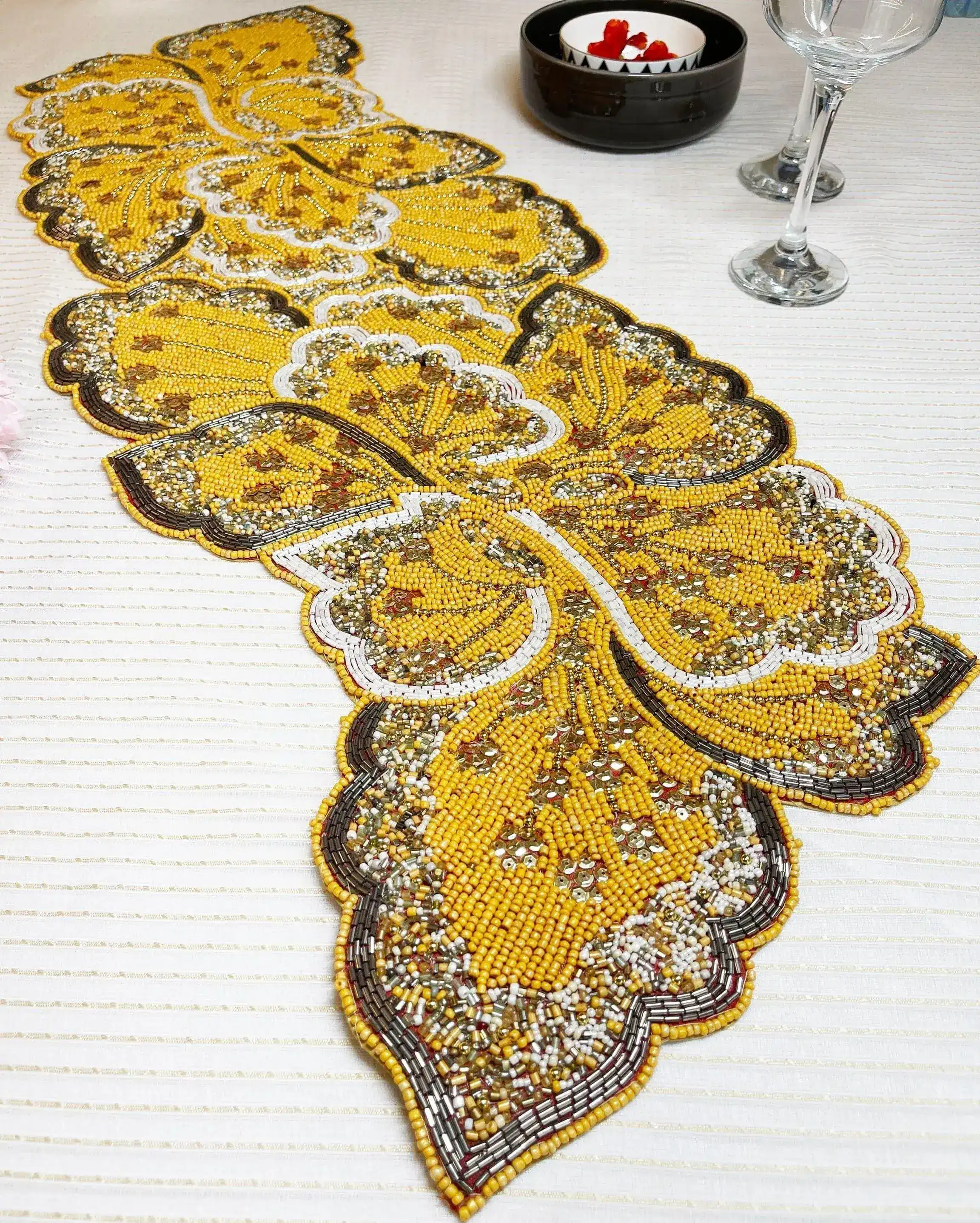 Floral Leaf Beaded Table Runner - Yellow and Gold - Image 2