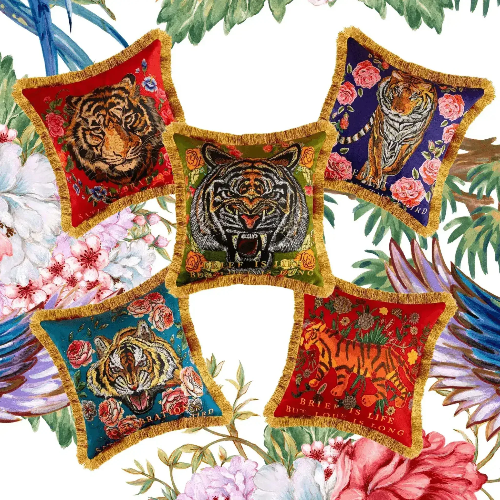 Floral Tiger Head Throw Pillow Covers with Fringes Blue 18" - Image 2