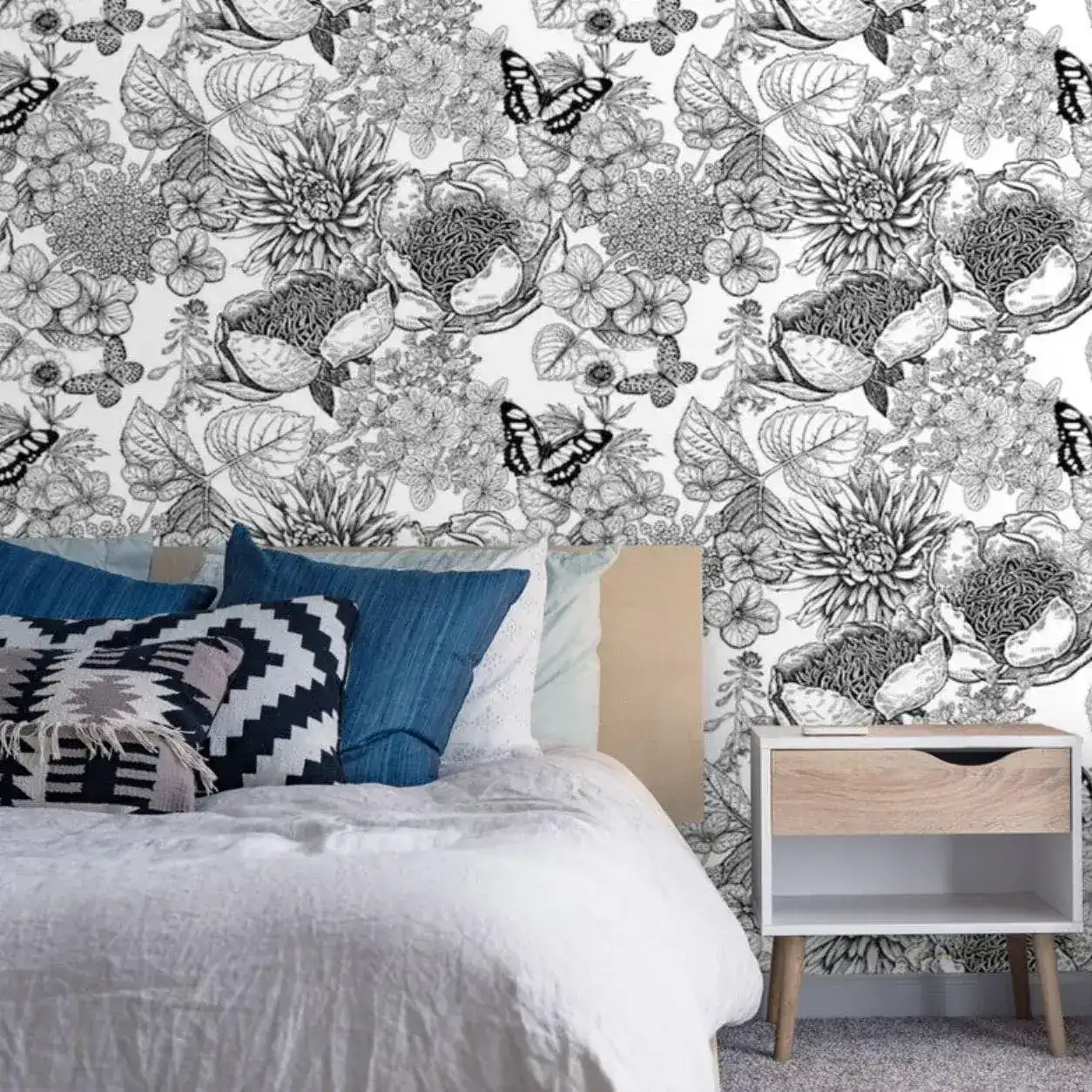 Butterfly and Floral Black and White Botanical Wallpaper - Image 4