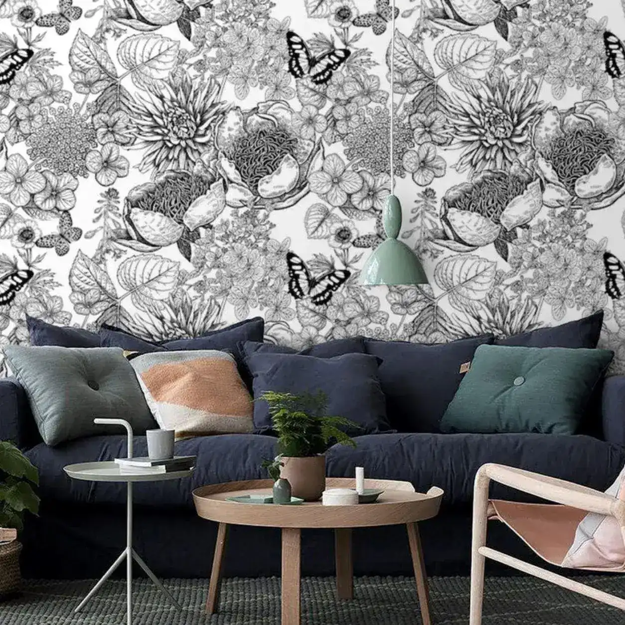 Butterfly and Floral Black and White Botanical Wallpaper - Image 5
