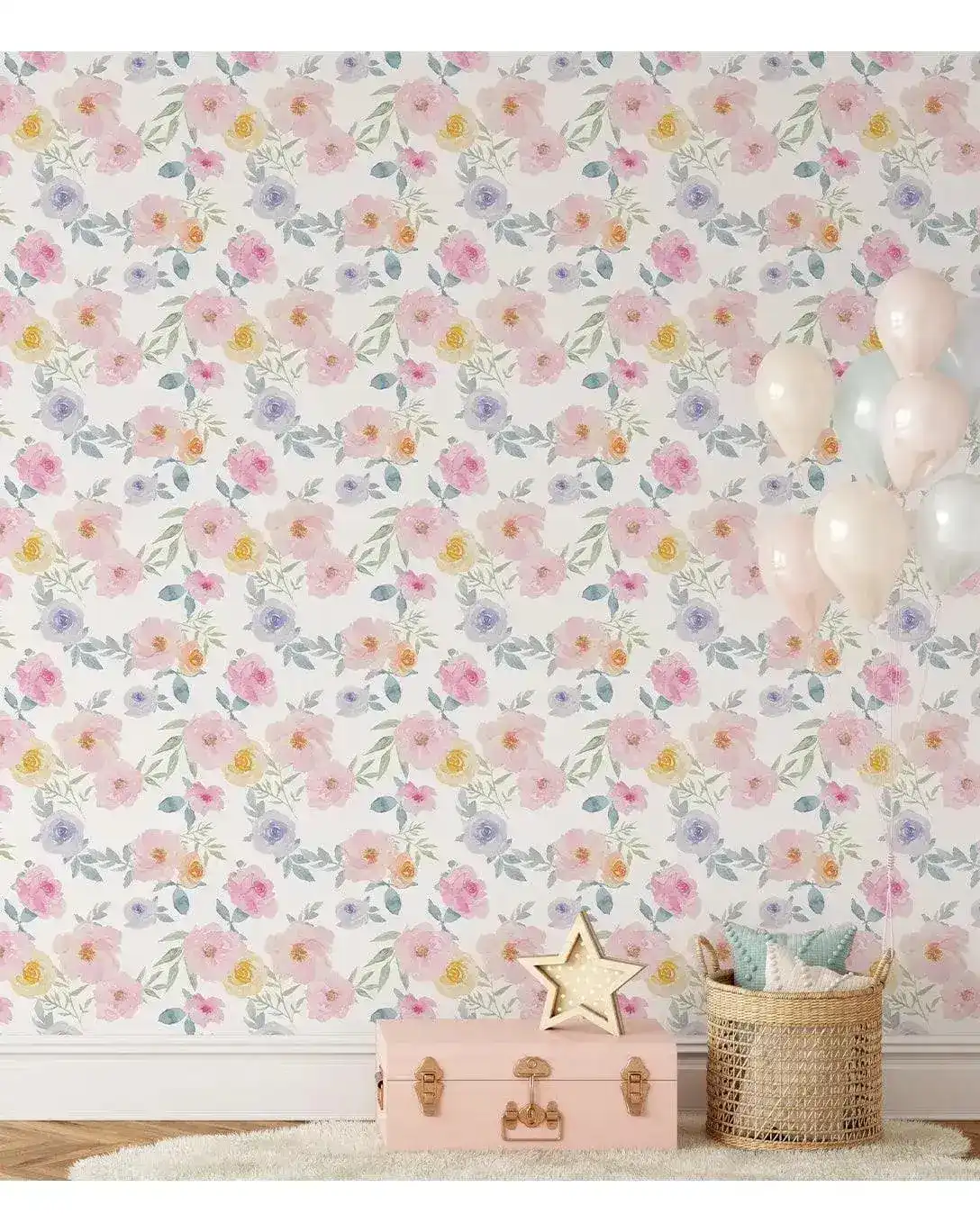 Floral Watercolor Pink Yellow Blue Roses Retro Flowers Wallpaper - Image 2