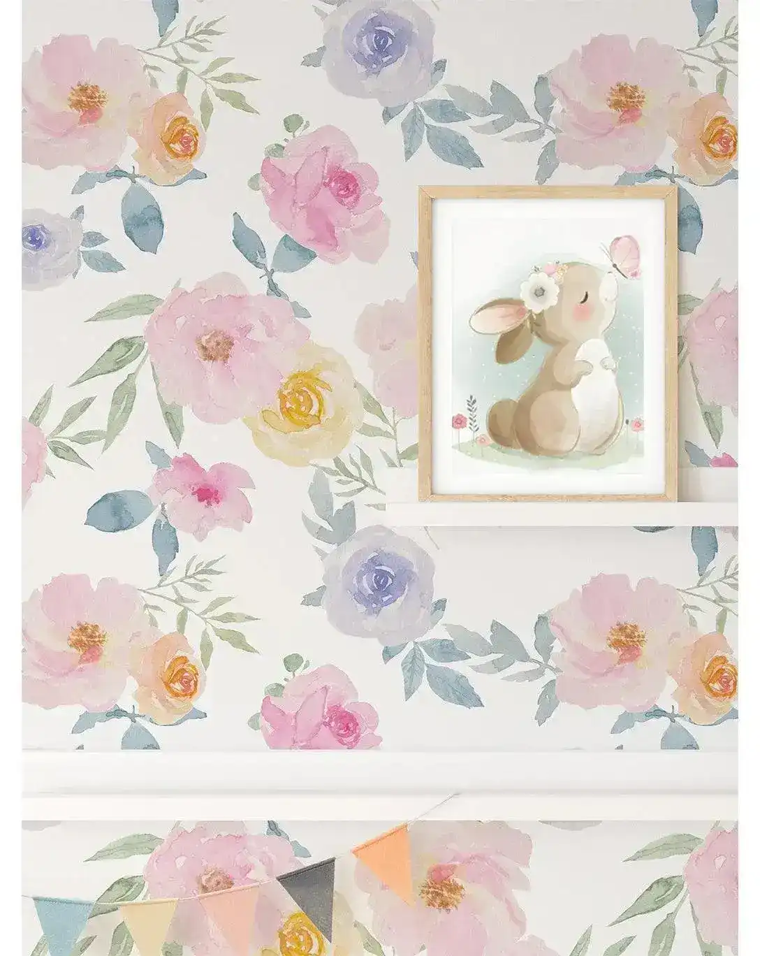 Floral Watercolor Pink Yellow Blue Roses Retro Flowers Wallpaper - Image 3