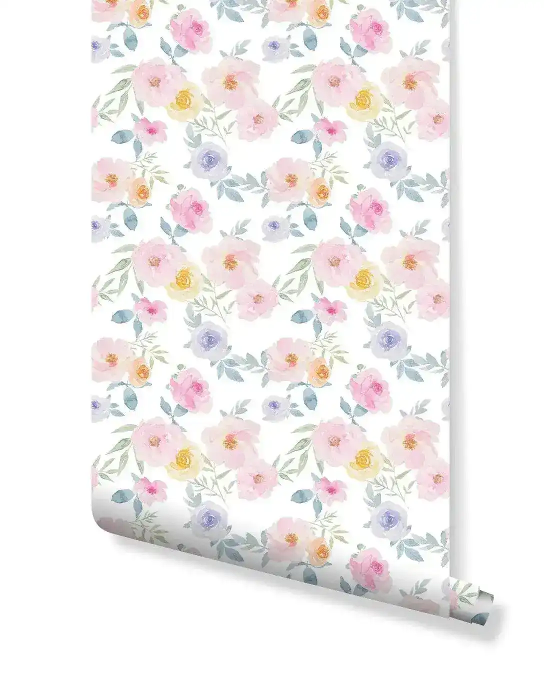 Floral Watercolor Pink Yellow Blue Roses Retro Flowers Wallpaper - Image 4